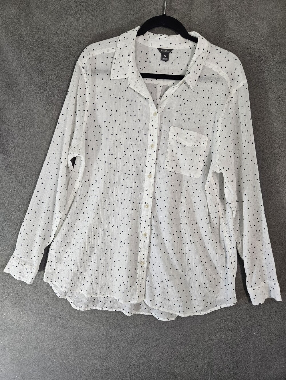 Eddie Bauer Womens 2XL Button Shirt Cotton Sheer White Blue Polka-dot Crinkle
